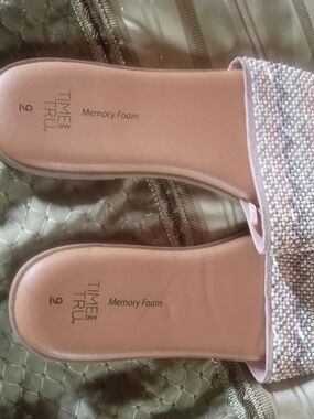 Time and Tru Pink Beaded Slide Sandals with Memory Foam